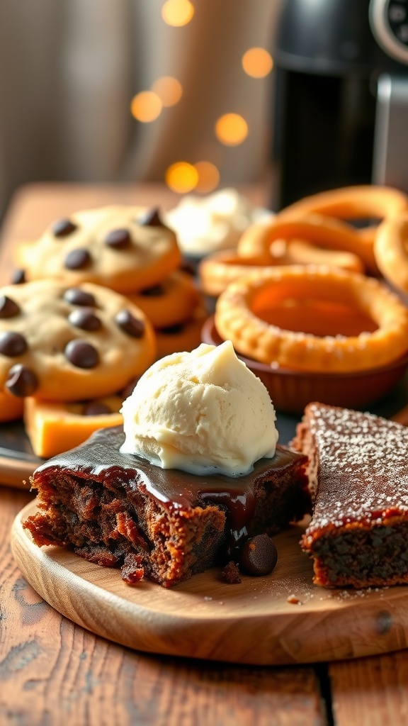 A selection of air fryer desserts including chocolate chip cookies, churros, and brownies with ice cream.